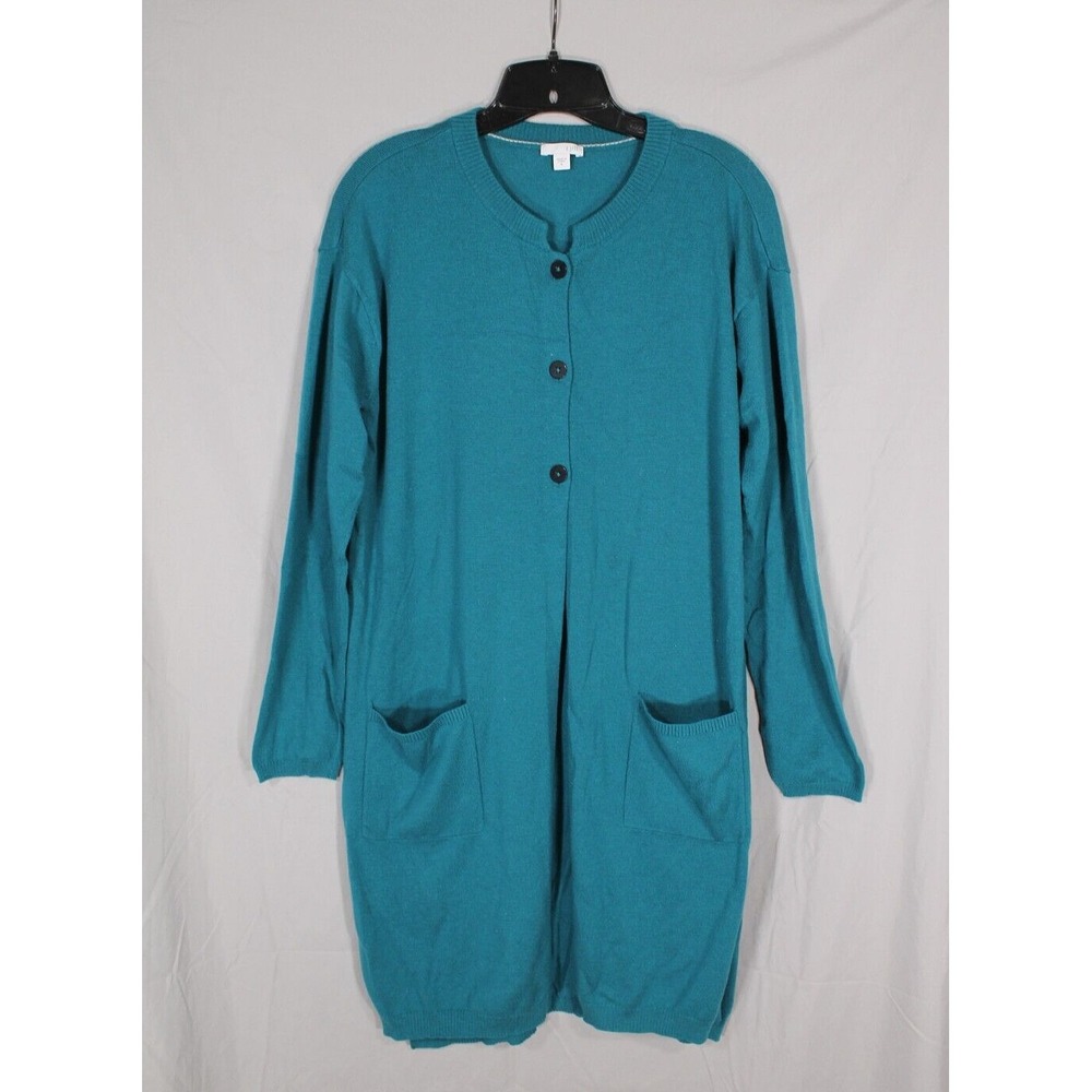 J JILL Teal WOOL BLEND 3-Buttons Pockets LONG Knit Sweater CARDIGAN/TOPPER Sz M